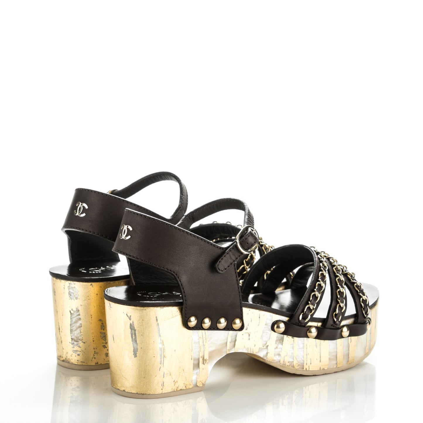 Calfskin Chain Wedge Sandals 40.5 Brown