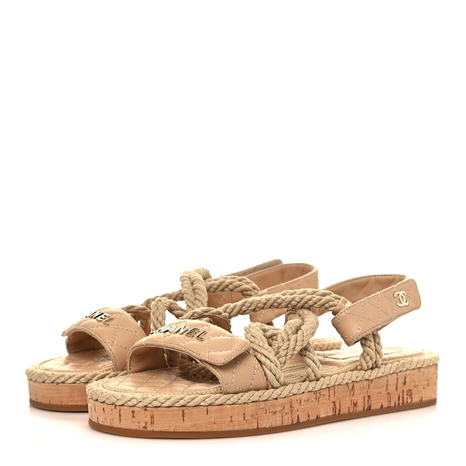 Chanel Cord Lambskin Quilted Logo Sandals 39 Beige 3 of 9