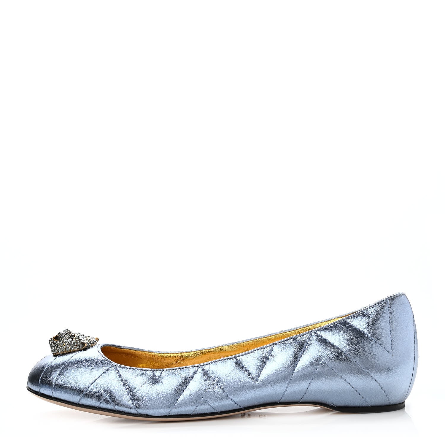 Gucci Metallic Nappa Trapuntata Tiger Head Ballerina Flats 37.5 Cielo 1 of 10