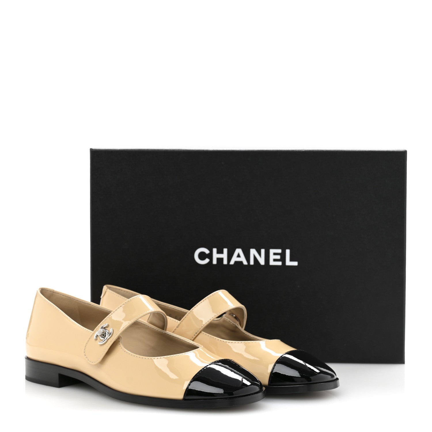 Chanel Patent Calfskin Mary Janes Flats 37 Beige Black 1723074