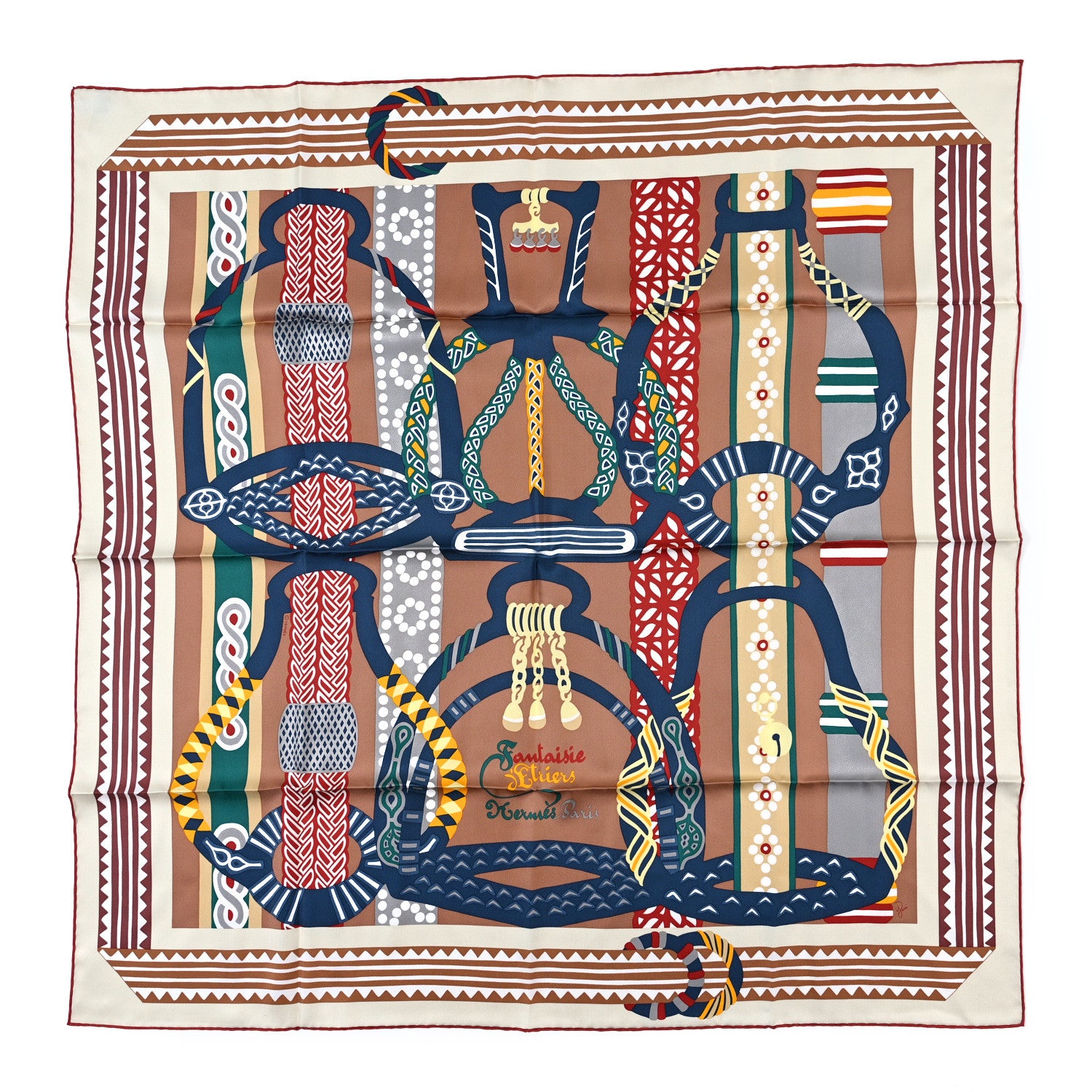 Hermes Silk Fantaisie D'etriers Scarf 90 Creme Noisette Marine 1 of 3