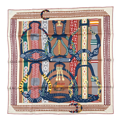 Hermes Silk Fantaisie D'etriers Scarf 90 Creme Noisette Marine 1 of 3