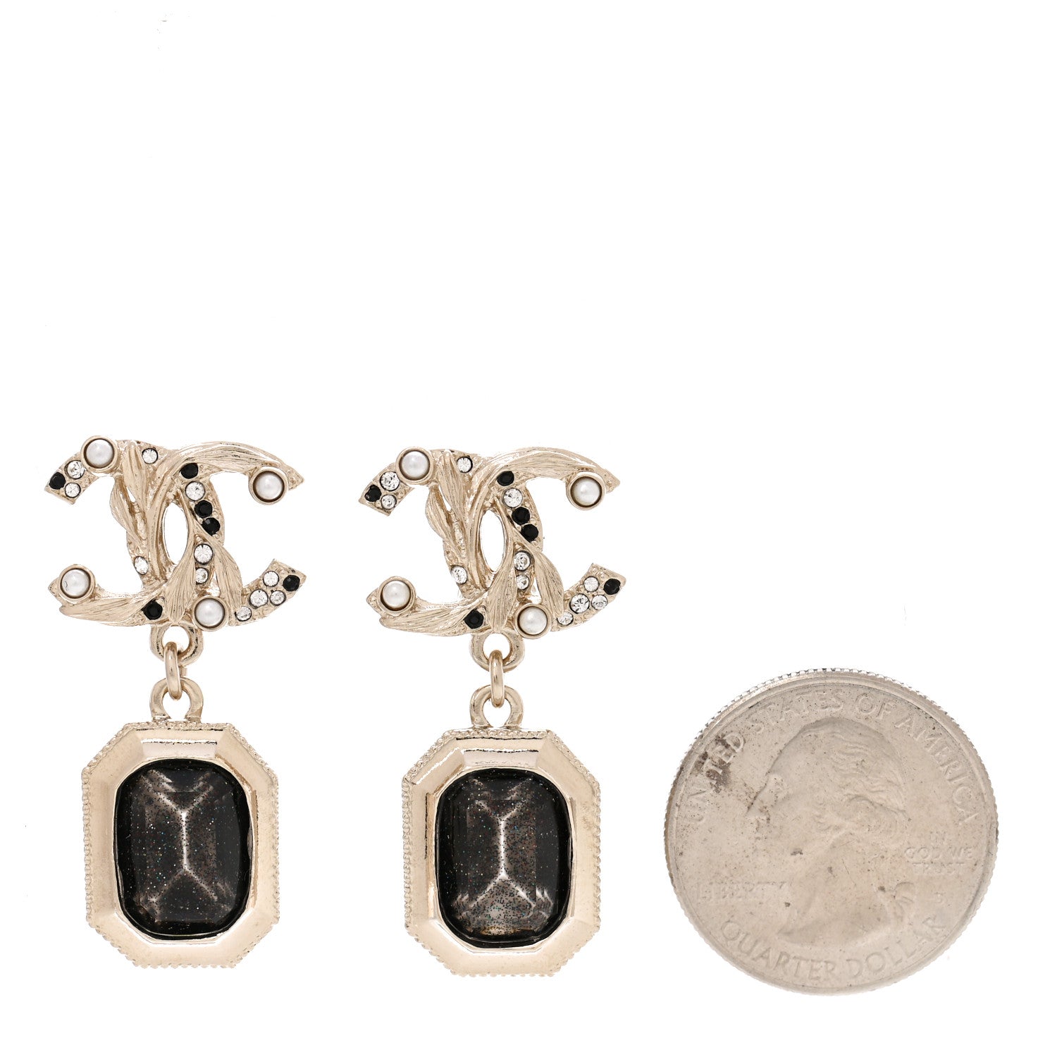Chanel Crystal Pearl Glitter CC Drop Earrings Gold Black 2 of 4
