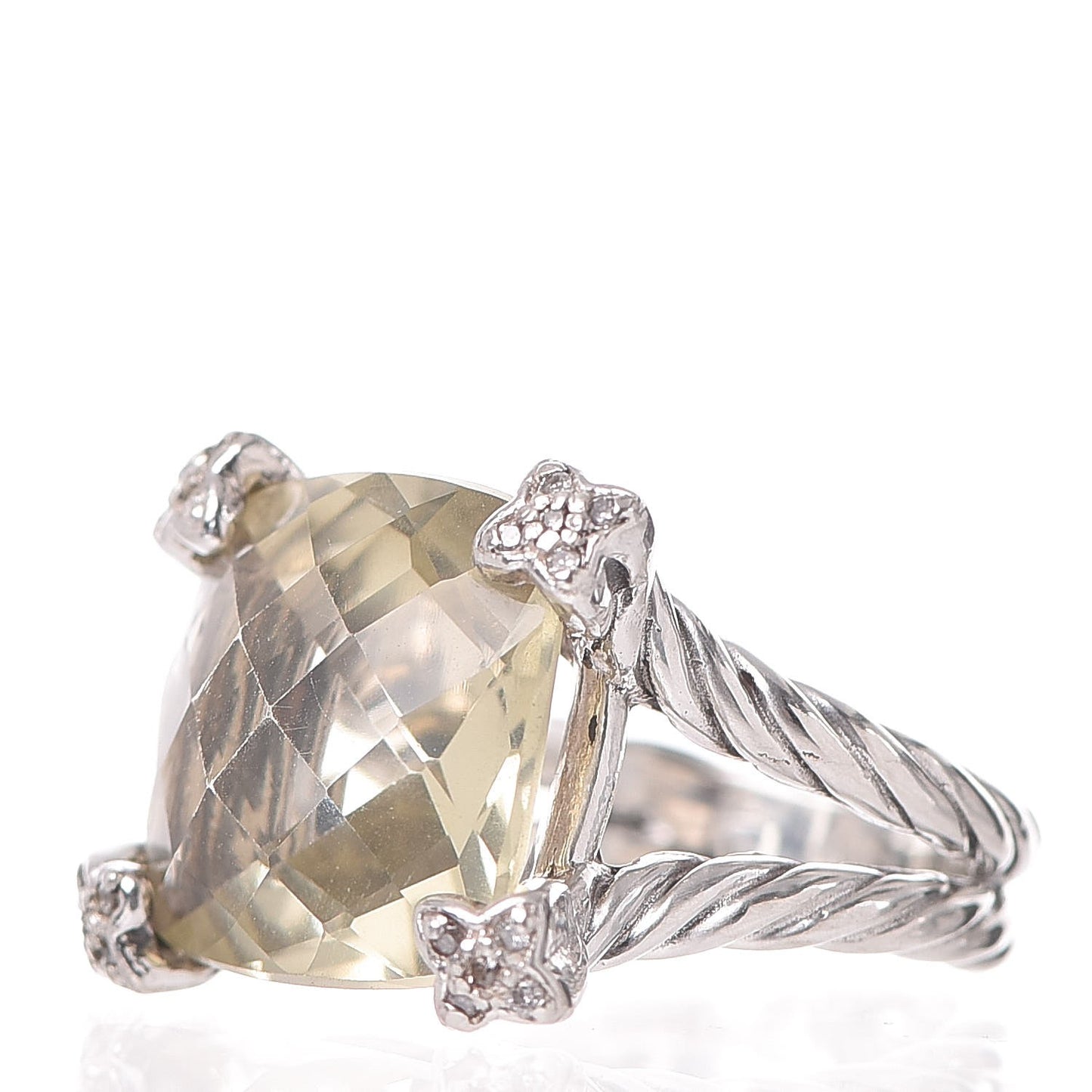 Sterling Silver Diamond Prasiolite 15mm Cushion On Point Ring 53.5 6.5