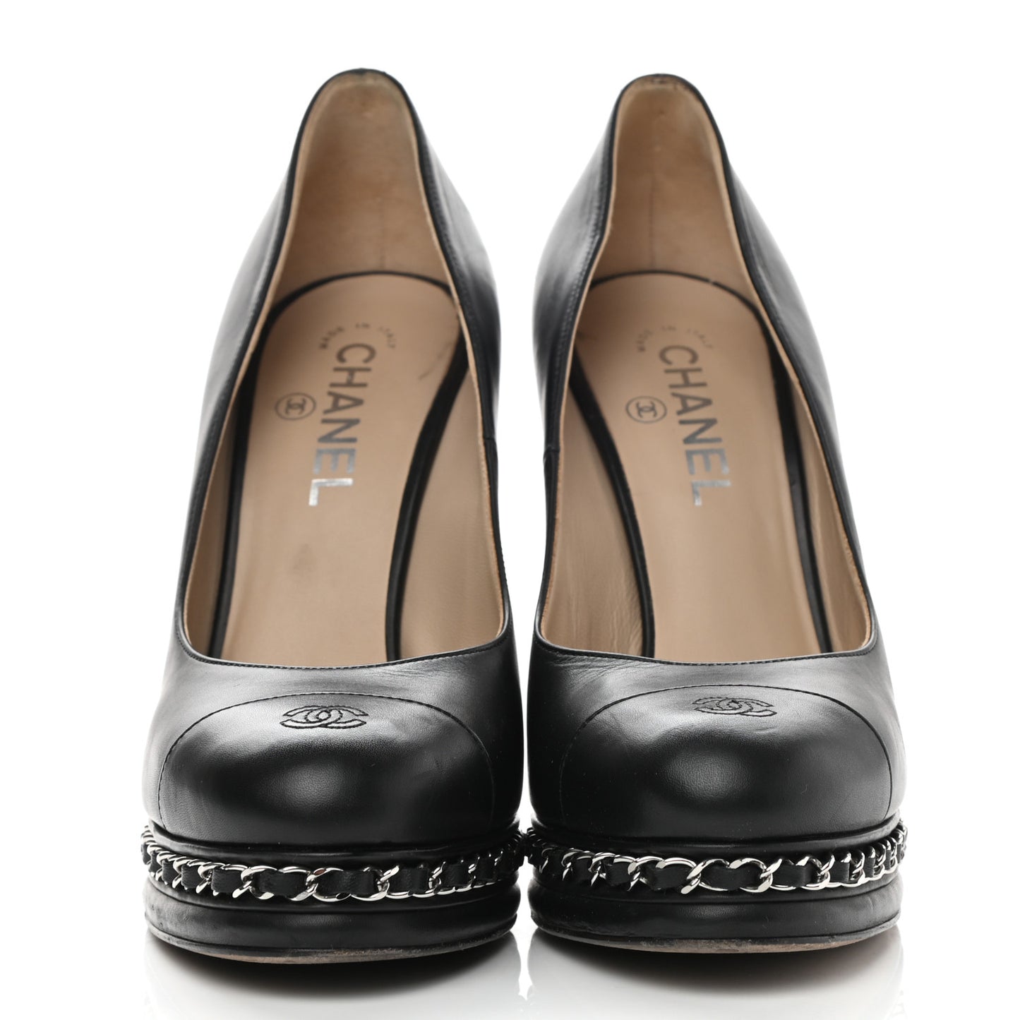 Calfskin CC Cap Toe Platform Chain Pumps 39 Black