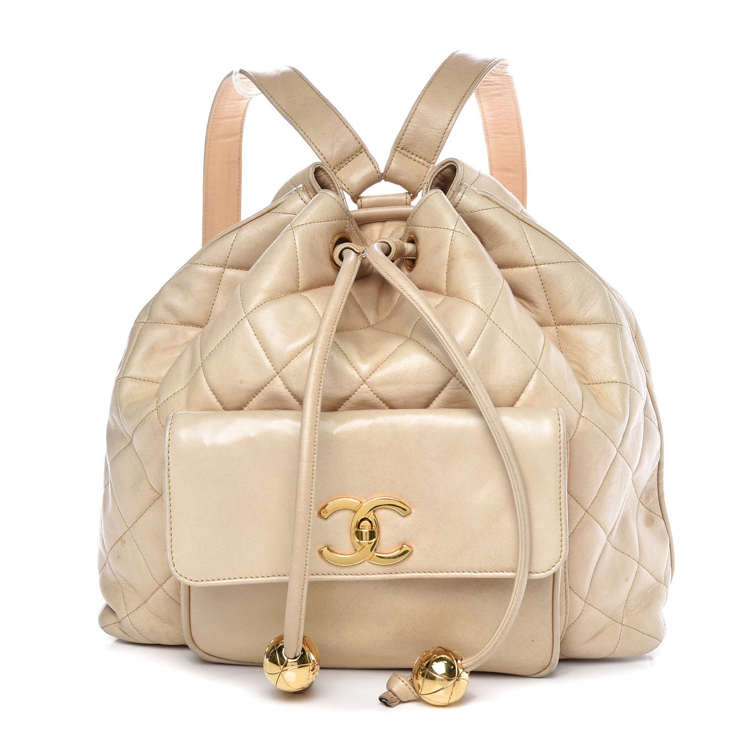 Lambskin Quilted Drawstring Backpack Beige