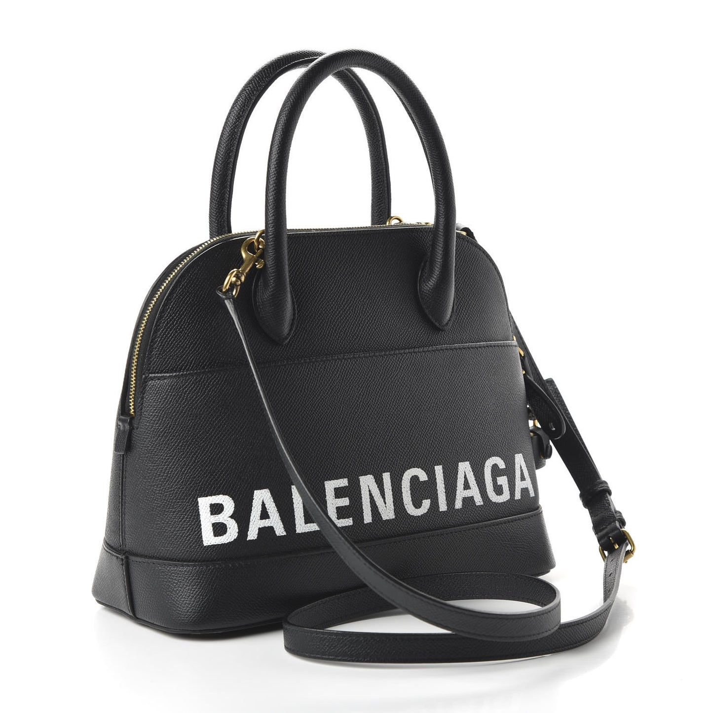 Signature Grained Calfskin Logo S Ville Top Handle Bag Black White