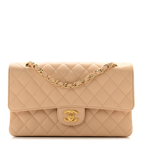 Caviar Quilted Medium Double Flap Beige