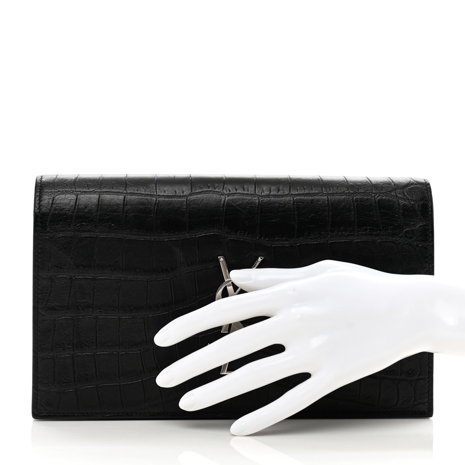 Saint Laurent Calfskin Crocodile Embossed Classic Kate Monogram Clutch Black 2 of 9