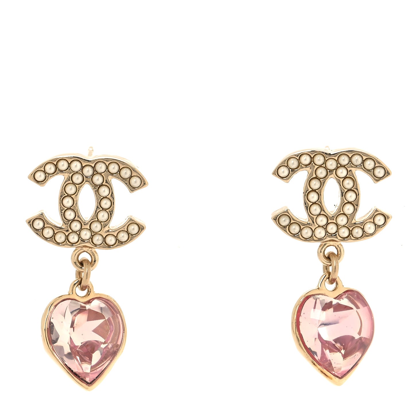 Crystal Heart CC Drop Earrings Pink Gold