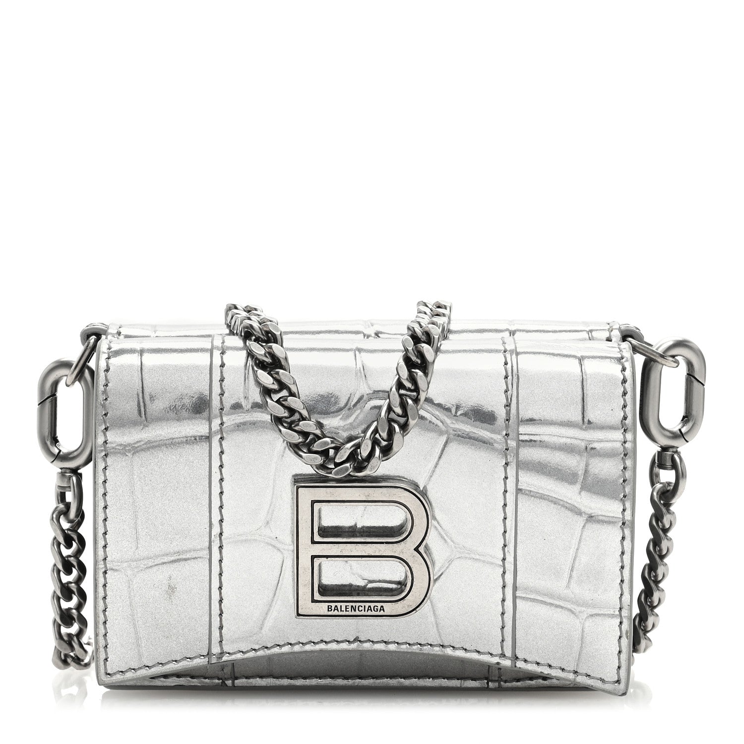 Balenciaga Metallic Calfskin Crocodile Embossed Mini Hourglass Wallet on Chain Silver 1 of 11