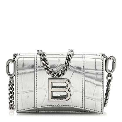 Balenciaga Metallic Calfskin Crocodile Embossed Mini Hourglass Wallet on Chain Silver 1 of 11
