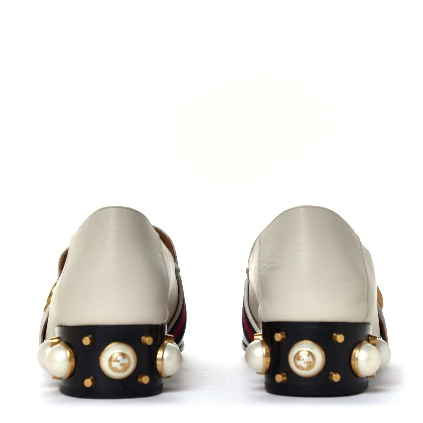 Betis Glamour Calfskin Web Pearl Embellished Peyton 35mm Loafer Pumps 38.5 Mystic White
