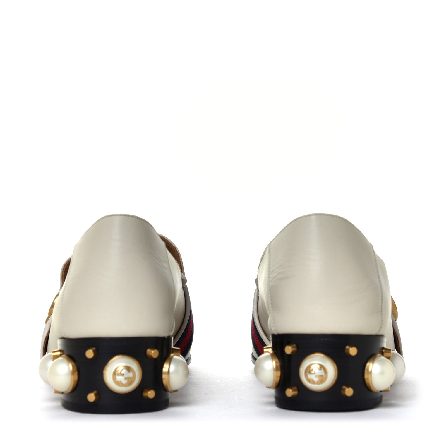 Gucci Betis Glamour Calfskin Web Pearl Embellished Peyton 35mm Loafer Pumps 38.5 Mystic White 9 of 12