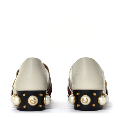 Gucci Betis Glamour Calfskin Web Pearl Embellished Peyton 35mm Loafer Pumps 38.5 Mystic White 9 of 12