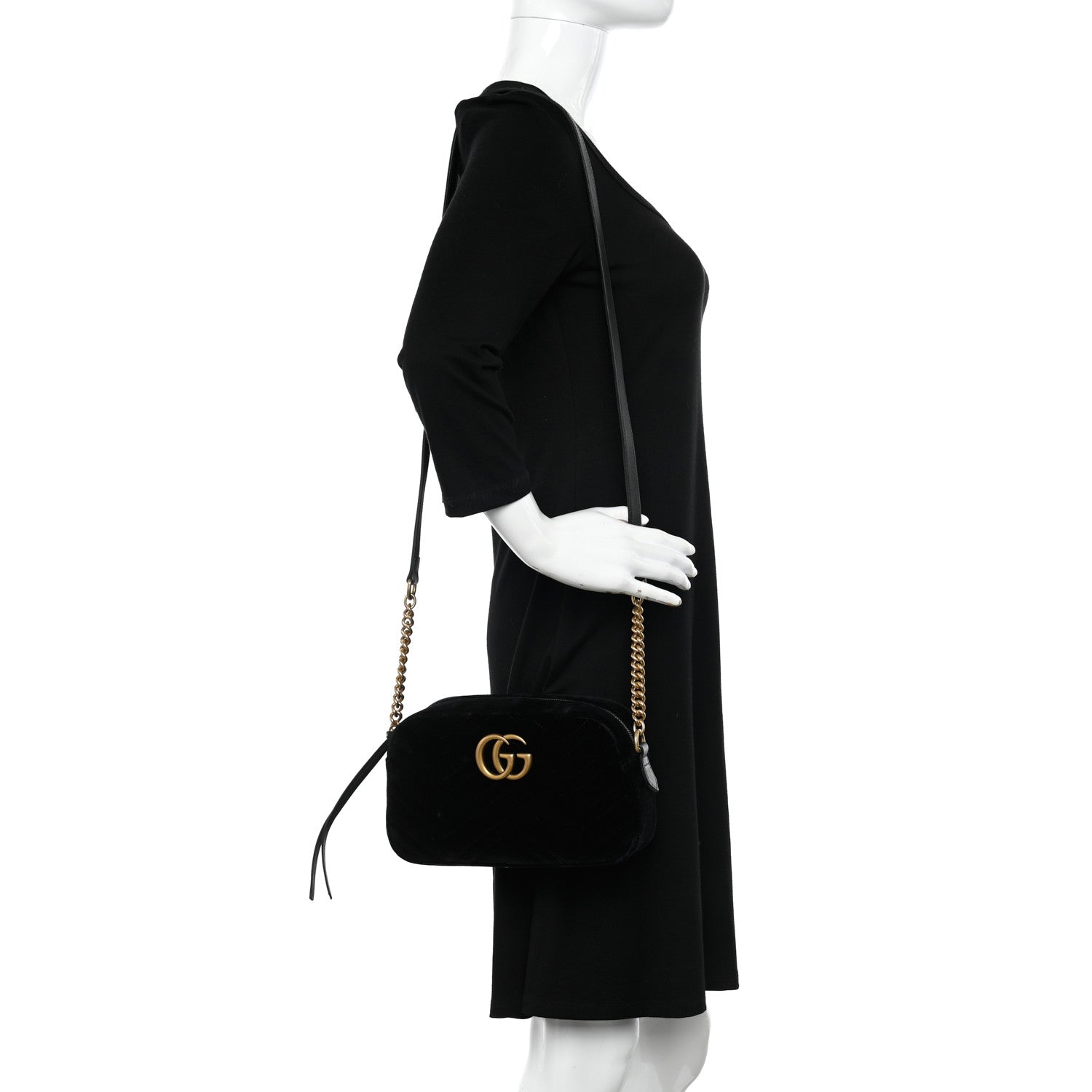 Gucci Velvet Matelasse Small GG Marmont Chain Shoulder Bag Black 2 of 10