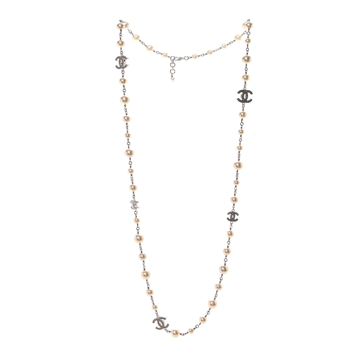 Crystal Pearl CC Long Necklace Silver