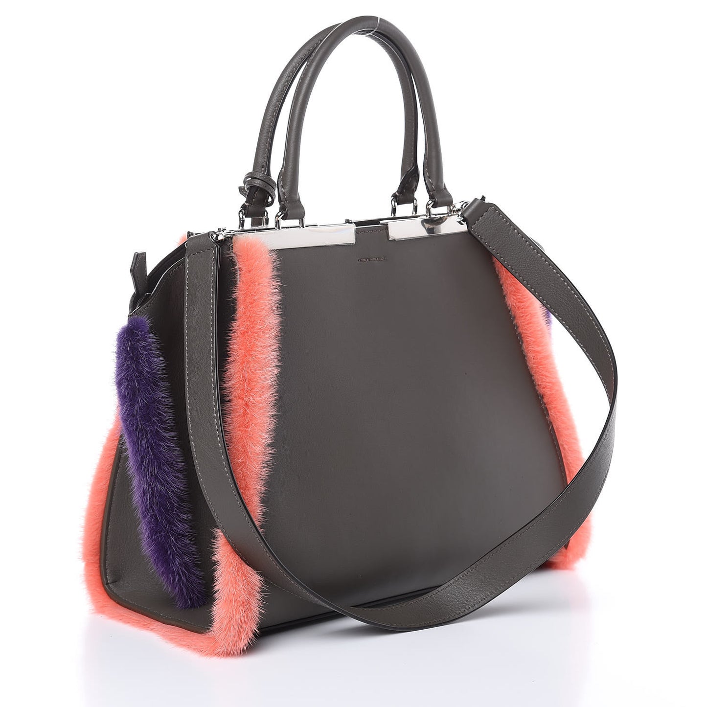 Calfskin Mink Fur Trim Petite 3Jours Tote Carbone Multicolor