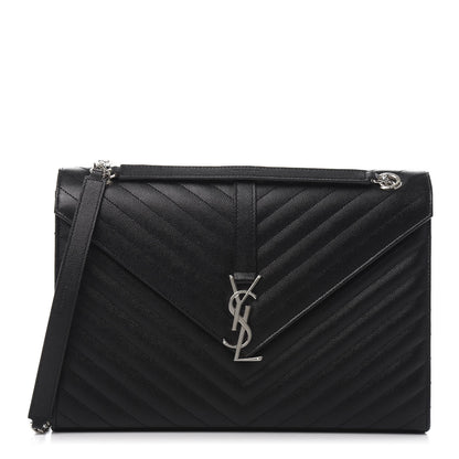 Saint Laurent Grain De Poudre Matelasse Chevron Large Monogram Satchel Black 1 of 11