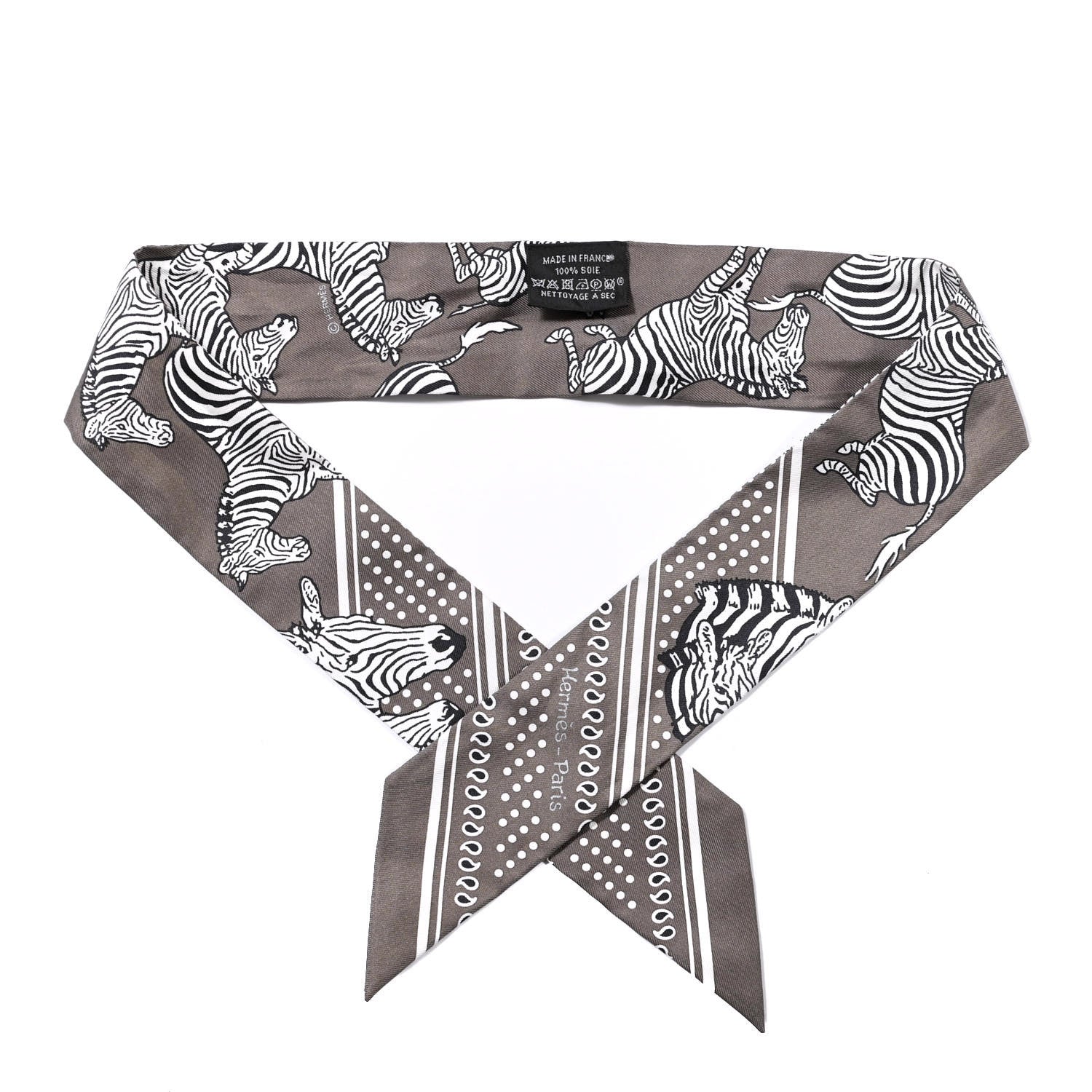 Hermes Silk Les Zebres Twilly Gris Taupe Black White 1 of 4