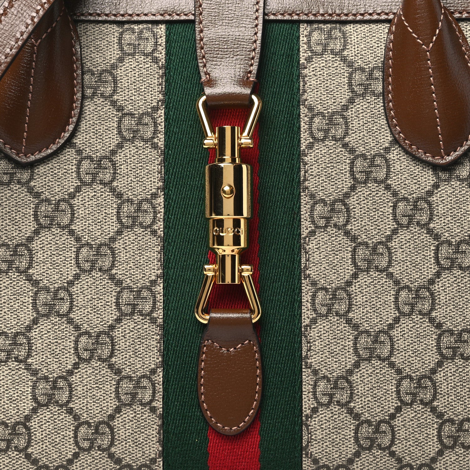 Gucci GG Supreme Monogram Azalea Calfskin Web Medium Jackie 1961 Tote Beige Ebony Brown Sugar 8 of 10