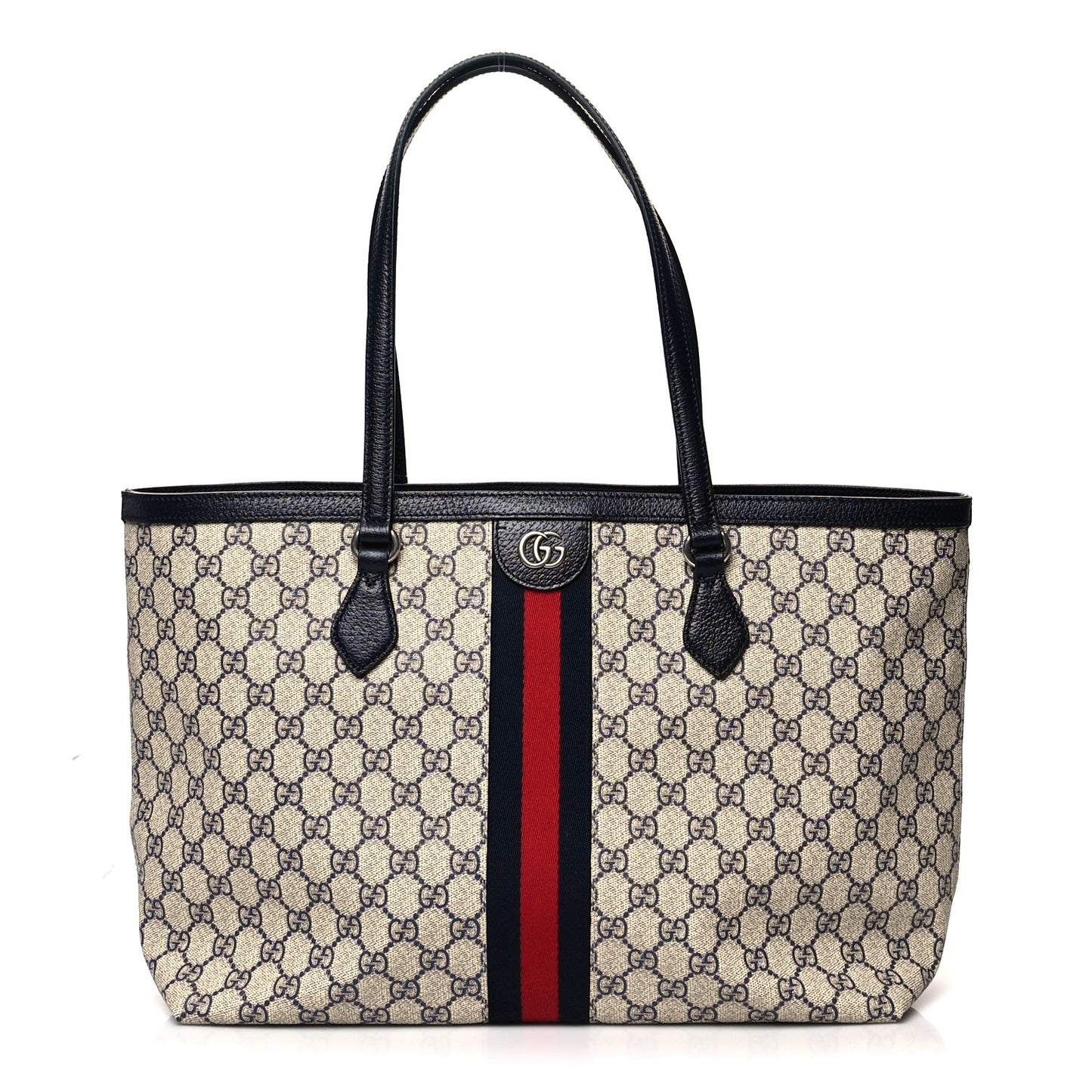 GG Supreme Monogram Textured Calfskin Web Medium Ophidia Shopping Tote Beige Blue