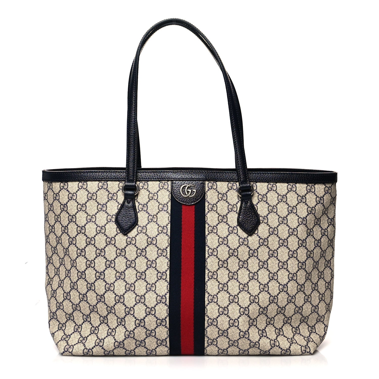 Gucci GG Supreme Monogram Textured Calfskin Web Medium Ophidia Shopping Tote Beige Blue 1 of 10