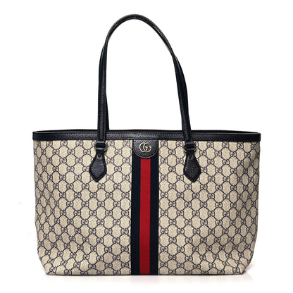 Gucci GG Supreme Monogram Textured Calfskin Web Medium Ophidia Shopping Tote Beige Blue 1 of 10