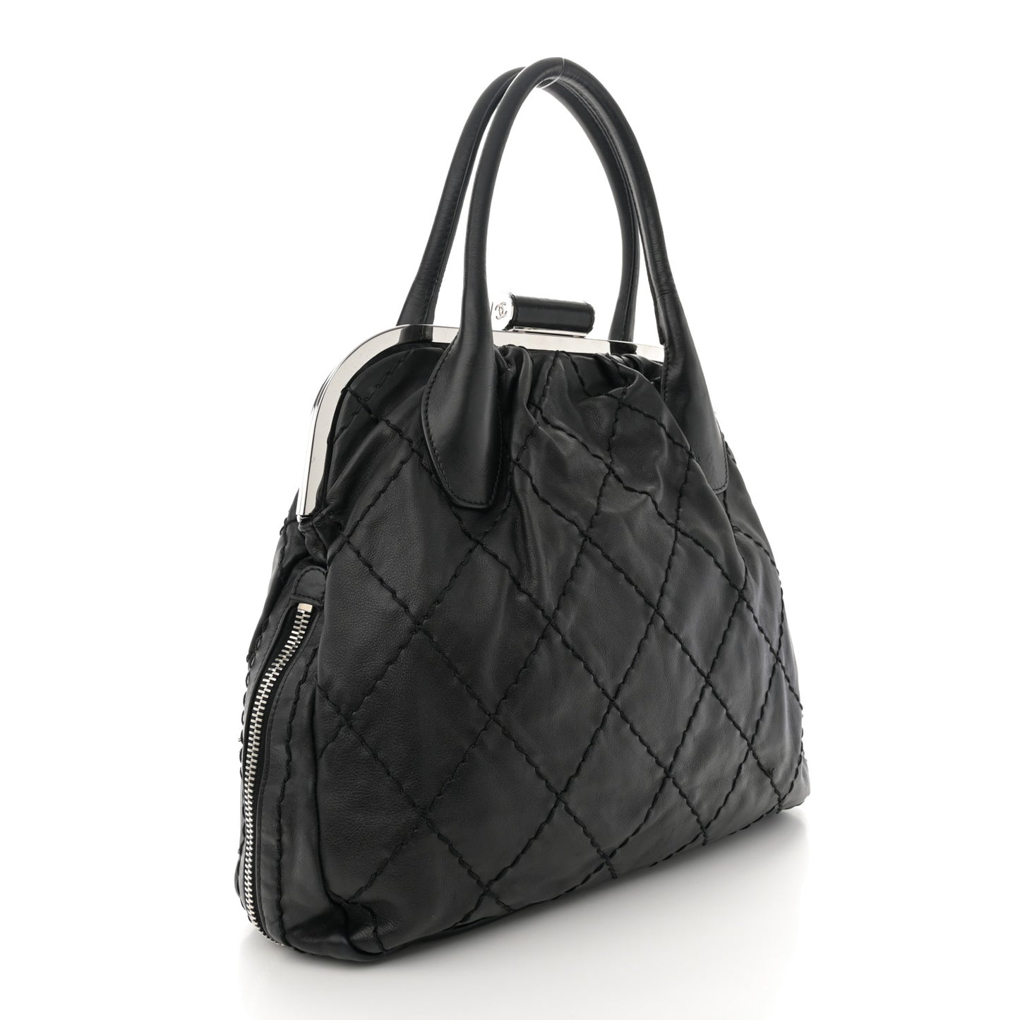 Calfskin Stitched Expandable Frame Bag Black