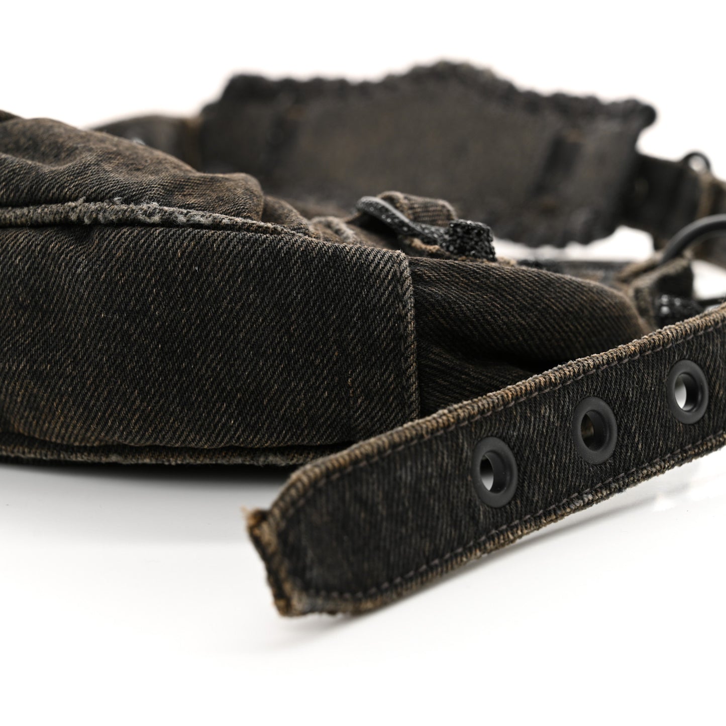 Washed Frayed Denim Crystal Le Cagole Shoulder Bag XS Black