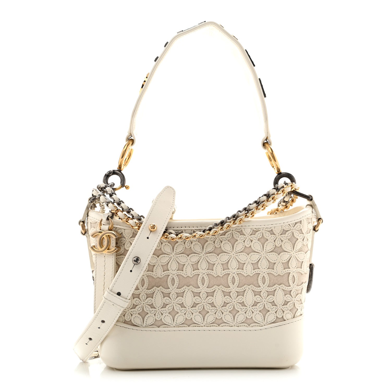 Chanel Calfskin Wool Felt Embossed Small Gabrielle Logo Hobo White 1 of 13