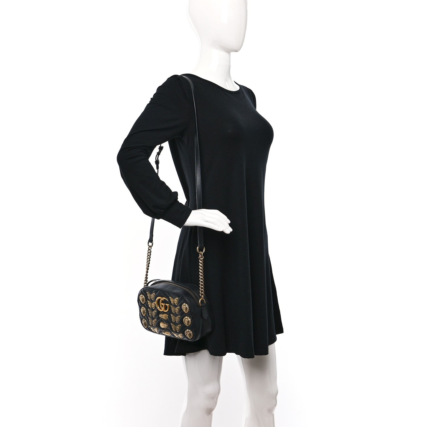 Gucci Calfskin Matelasse Animal Studs Small GG Marmont Chain Shoulder Bag Black 3 of 8