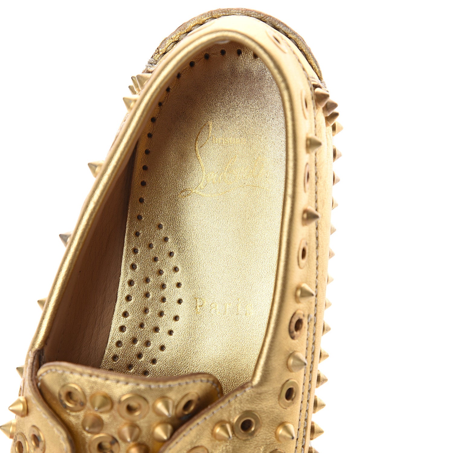 Christian Louboutin Nappa Laminata Spikes Womens Yacht Flat Loafers 37.5 Gold Satine 6 of 7
