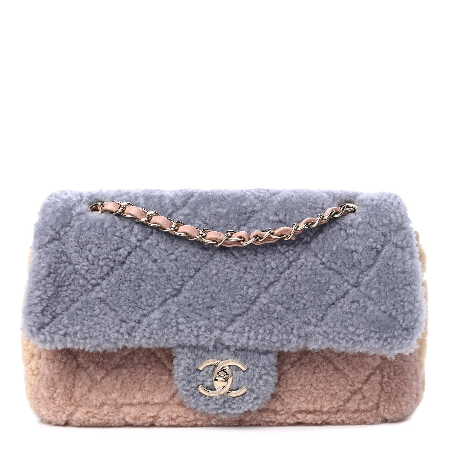 Chanel Shearling Sheepskin Single Flap Gray Pink Beige 1 of 5