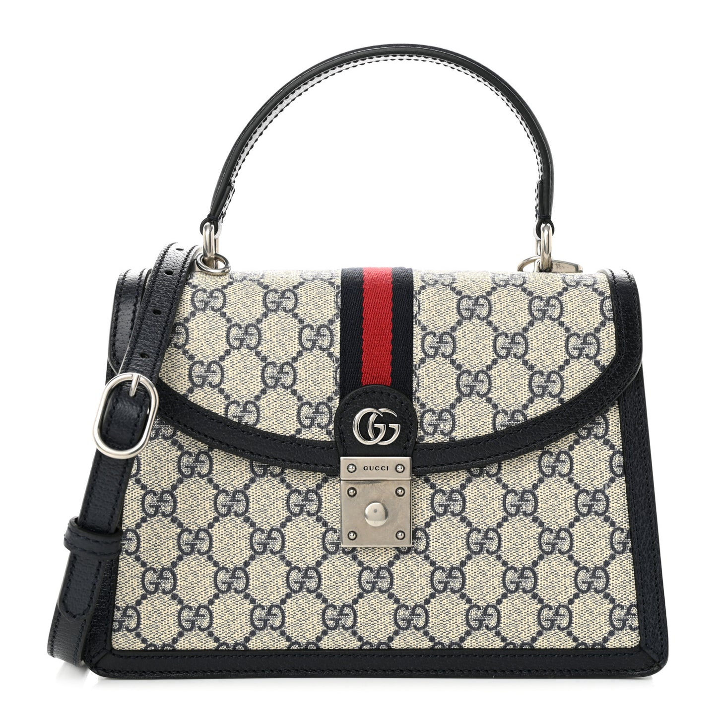 GG Supreme Monogram Textured Dollar Calfskin Web Small Ophidia Padlock Top Handle Bag Beige Blue