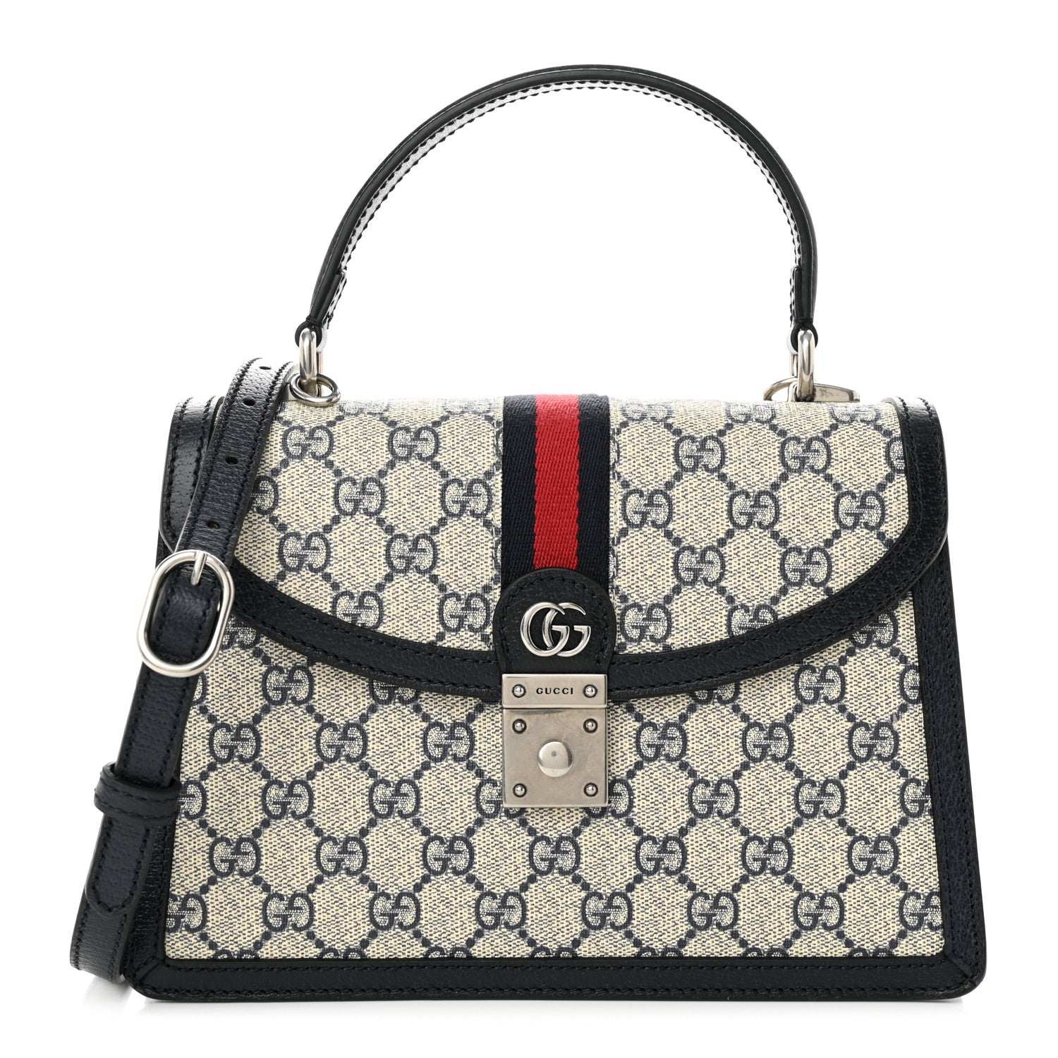 Gucci GG Supreme Monogram Textured Dollar Calfskin Web Small Ophidia Padlock Top Handle Bag Beige Blue 1 of 9