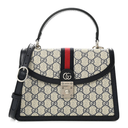 Gucci GG Supreme Monogram Textured Dollar Calfskin Web Small Ophidia Padlock Top Handle Bag Beige Blue 1 of 9