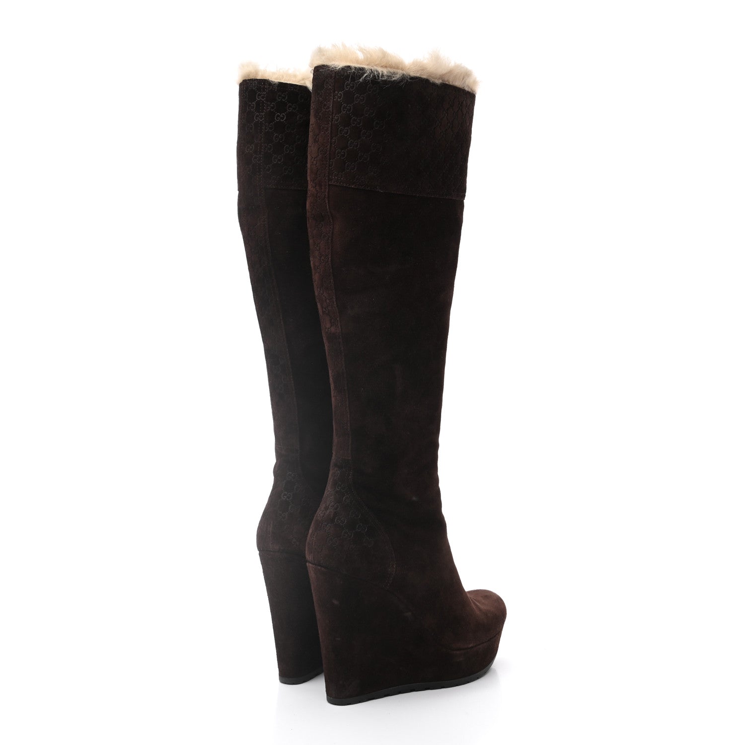 Gucci Suede Shearling Fur Microguccissima Courtney Tall Wedge Boots 36.5 Cocoa 4 of 13