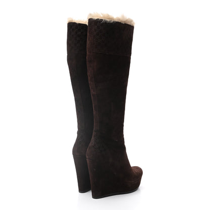 Gucci Suede Shearling Fur Microguccissima Courtney Tall Wedge Boots 36.5 Cocoa 4 of 13