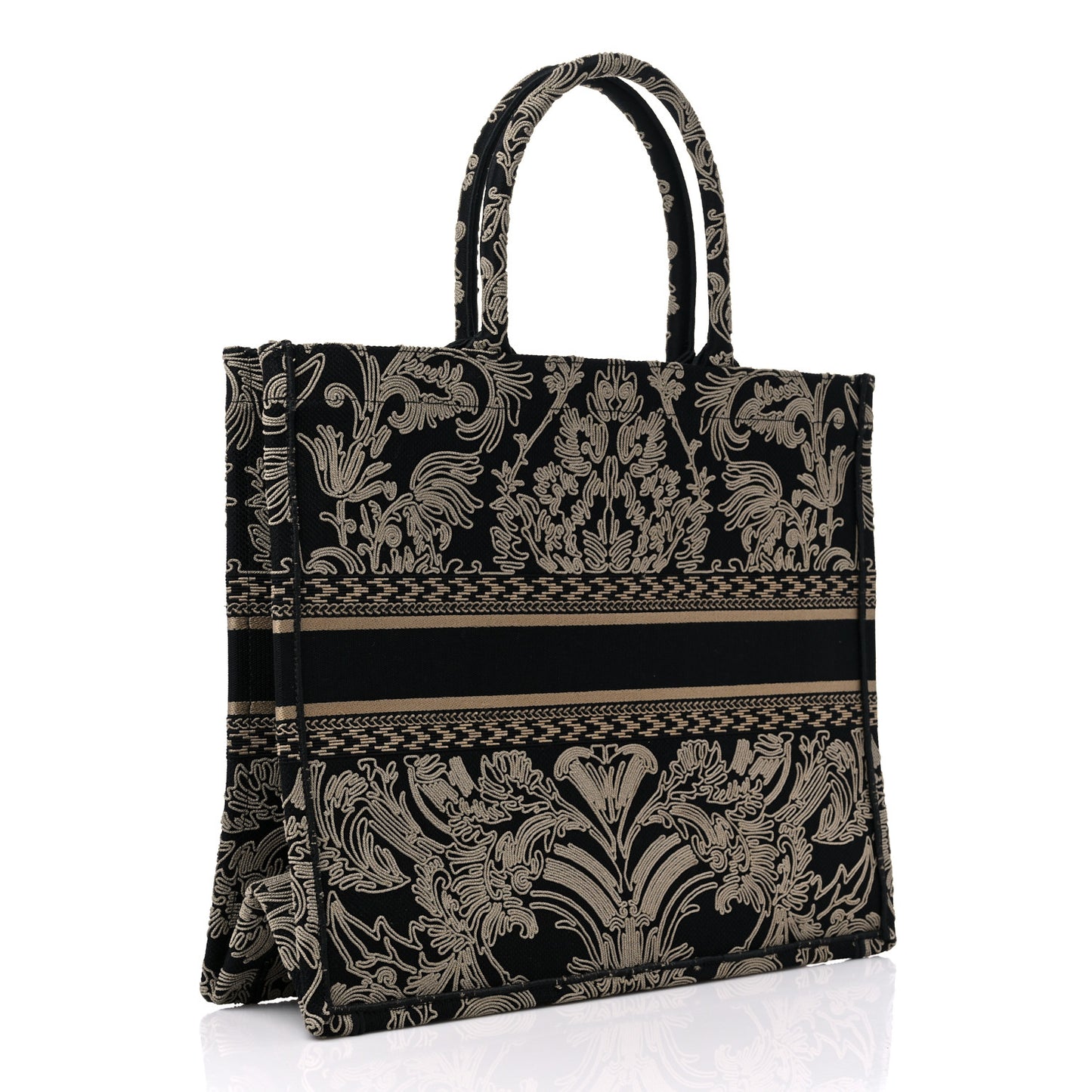 Canvas Embroidered Large Ornamental Cornely Effect Book Tote Black Beige