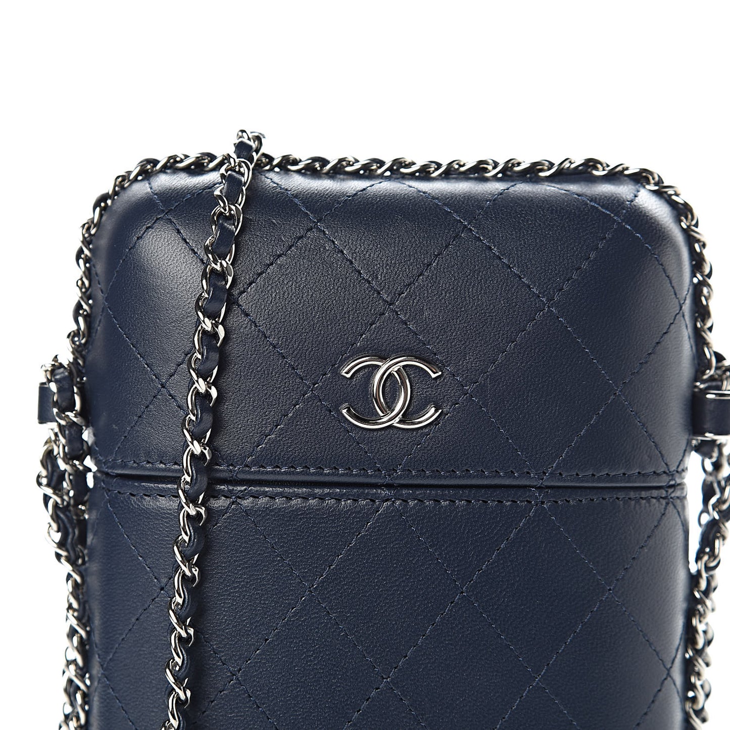 Lambskin Quilted Chain Around Phone Holder Navy