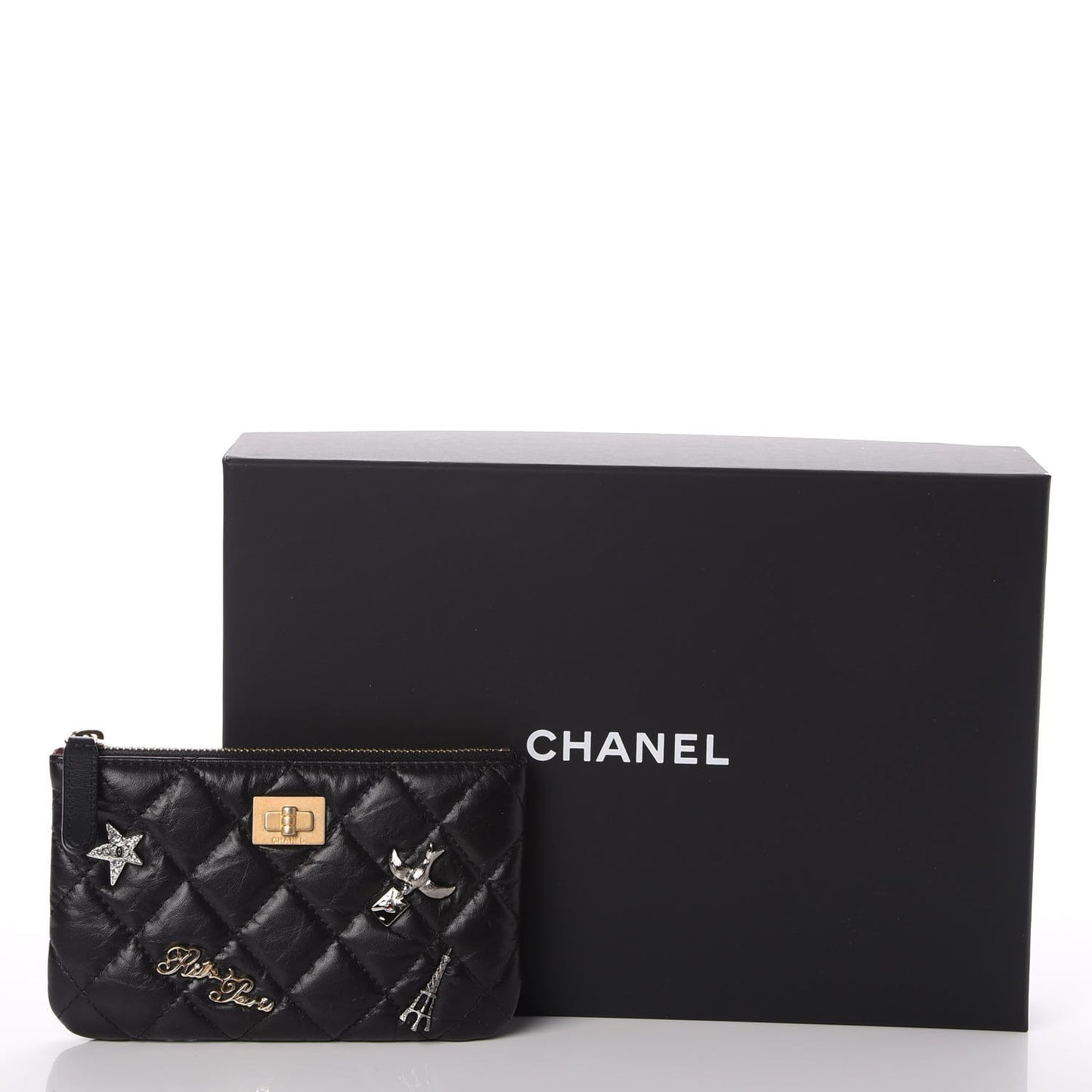 Aged Calfskin Quilted Small Lucky Charms Cosmetic Case Black