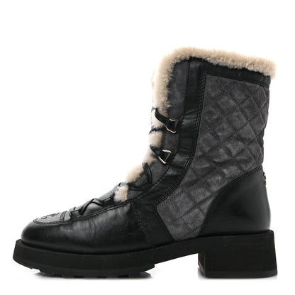 Chanel Calfskin Suede Shearling Lace Up Boots 40 Black Grey Light Beige 1 of 7