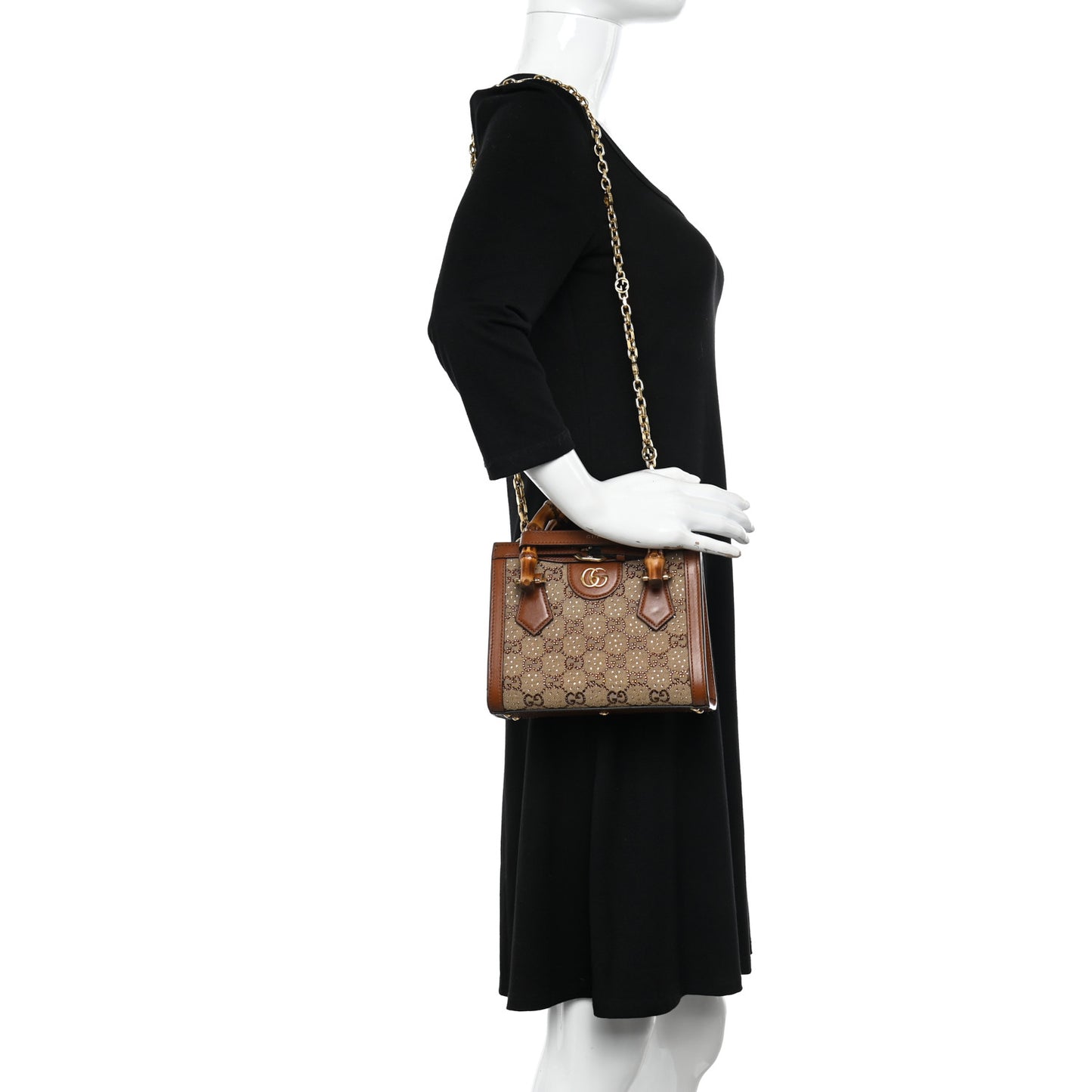 New Canvas Charisma Calfskin Crystal GG Monogram Mini Diana Tote Bag Camel Ebony