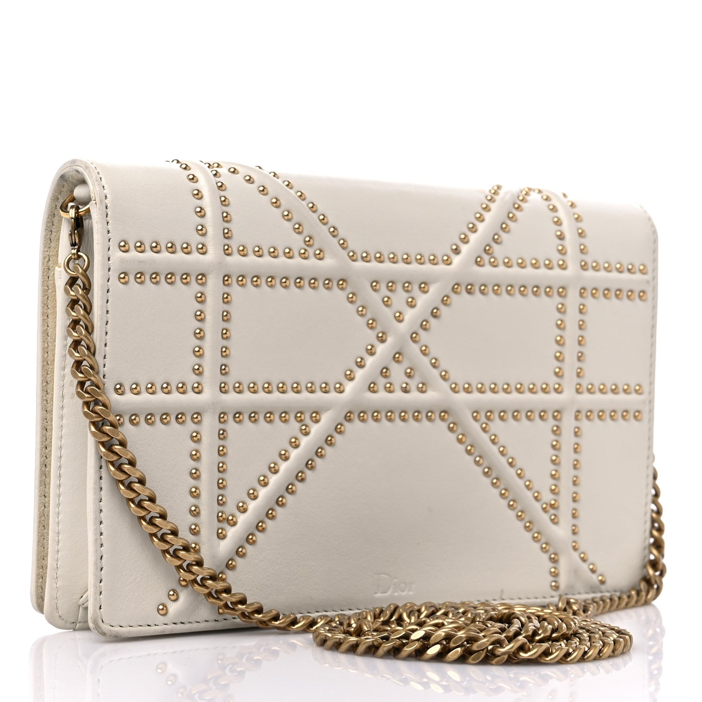 Lambskin Studded Diorama Wallet on Chain Pouch Off White