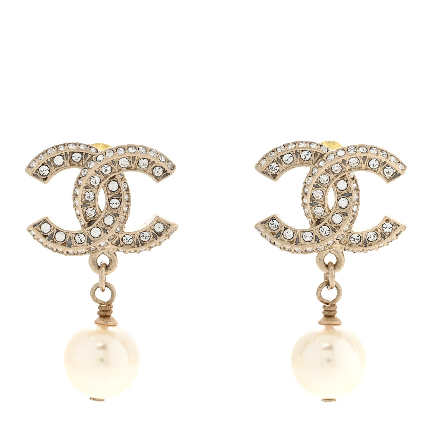 Chanel Crystal Pearl CC Drop Earrings Gold 1 of 4