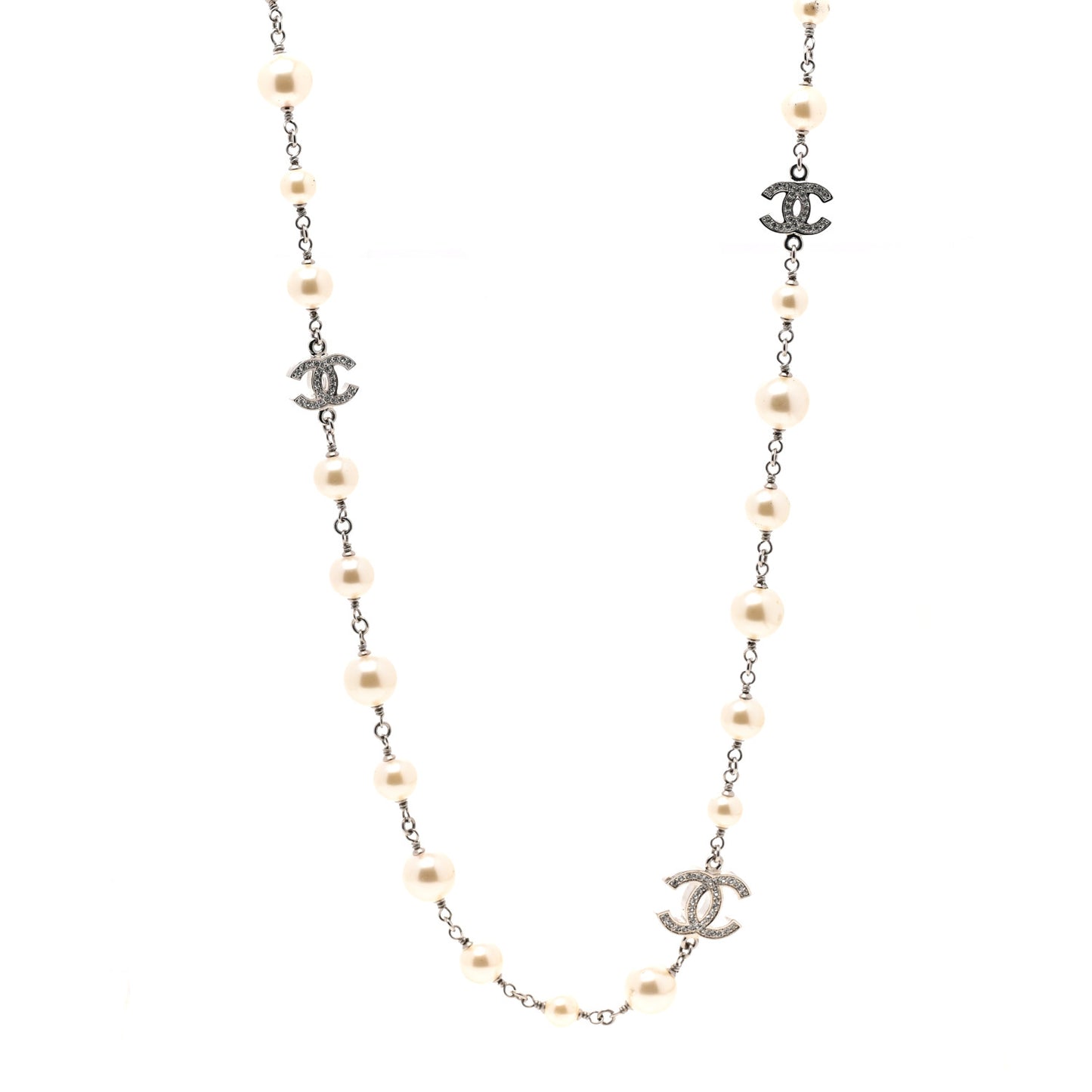 Graduated Pearl Crystal CC Long Necklace Silver