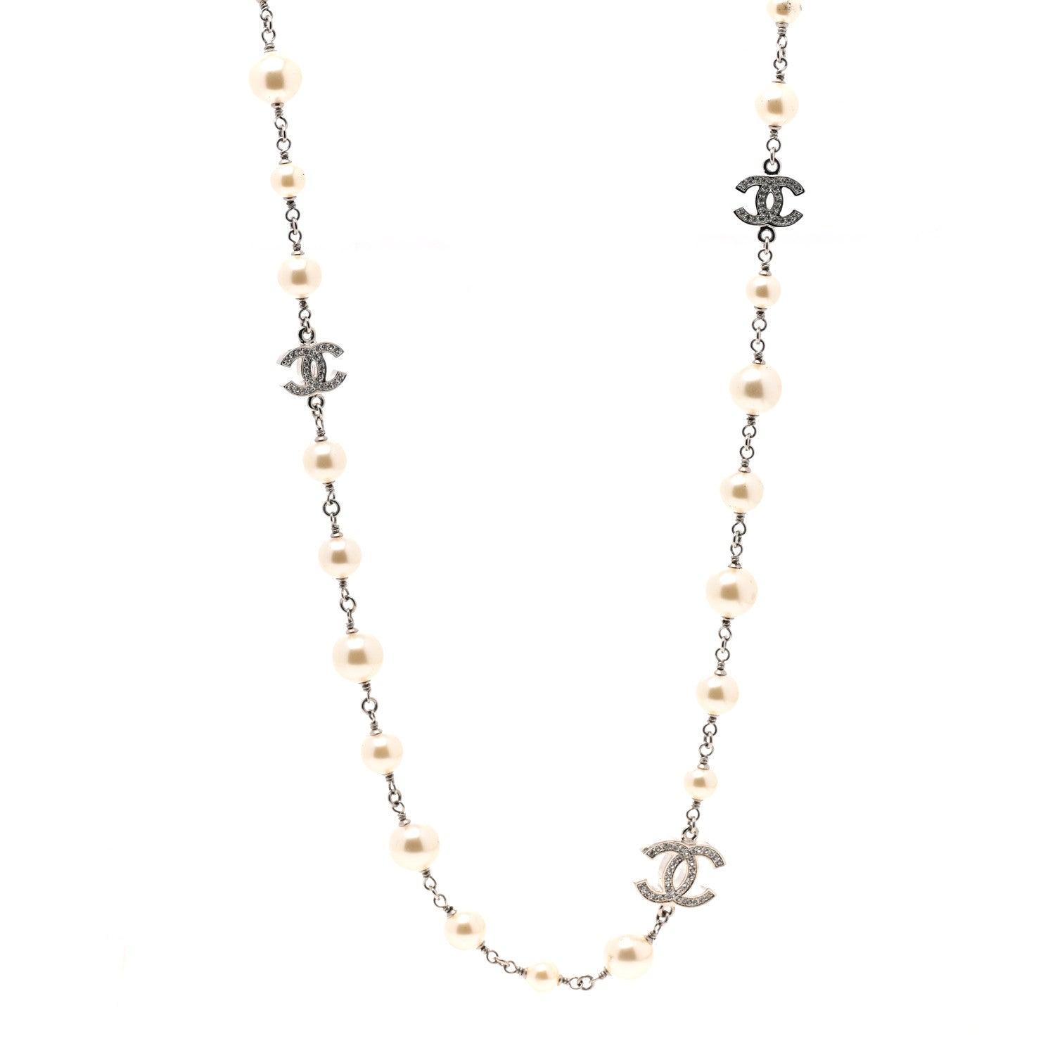 Chanel Graduated Pearl Crystal CC Long Necklace Silver 1 of 7