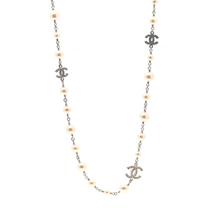 Chanel Graduated Pearl Crystal CC Long Necklace Silver 1 of 7
