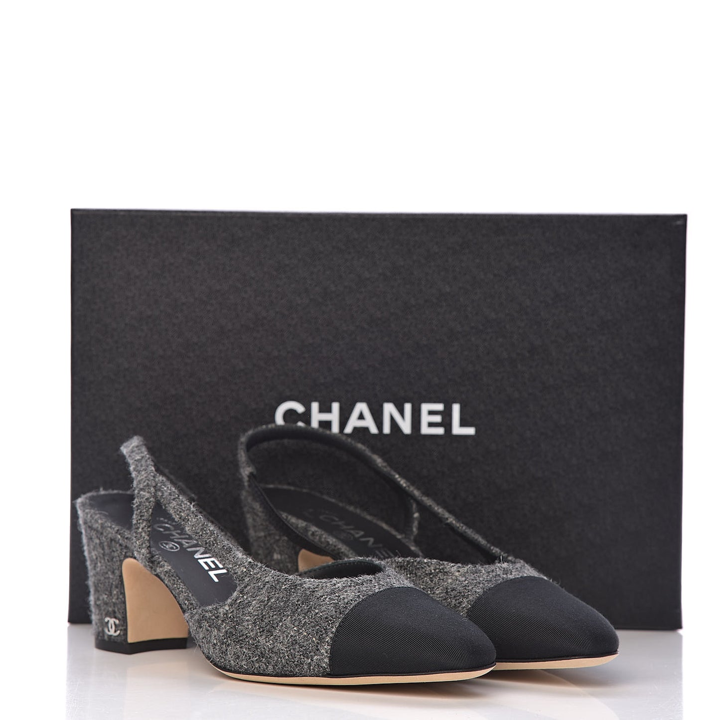 Tweed Grosgrain Cap Toe CC Slingback Pumps 37 Black Dark Grey